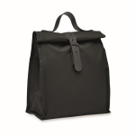 Polyester roll-top cooler bag with handle and leather closure black colour