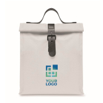 Polyester roll-top cooler bag with handle and leather closure white colour view with print area