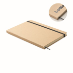 Cardboard notebook with band and coloured bookmark, lined A5 pages black colour fourth view