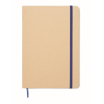 Cardboard notebook with band and coloured bookmark, lined A5 pages blue colour