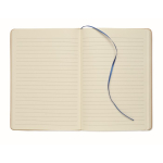 Cardboard notebook with band and coloured bookmark, lined A5 pages blue colour second view