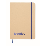 Cardboard notebook with band and coloured bookmark, lined A5 pages blue colour fourth main view