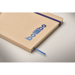 Cardboard notebook with band and coloured bookmark, lined A5 pages blue colour photographic view
