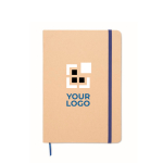 Cardboard notebook with band and coloured bookmark, lined A5 pages blue colour view with print area