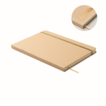 Cardboard notebook with band and coloured bookmark, lined A5 pages gold colour fourth view