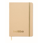 Cardboard notebook with band and coloured bookmark, lined A5 pages gold colour fourth main view