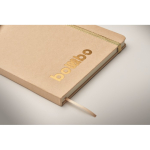 Cardboard notebook with band and coloured bookmark, lined A5 pages gold colour photographic view