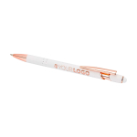 Recycled aluminium pen with rose gold finish, black ink white colour