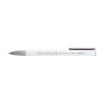 Recycled aluminium pen with silver clip, blue ink white colour