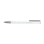 Recycled aluminium pen with silver clip, blue ink white colour