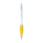 Curved recycled plastic pen with grip, black ink yellow colour