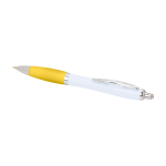 Curved recycled plastic pen with grip, black ink yellow colour