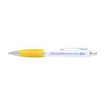 Curved recycled plastic pen with grip, black ink yellow colour