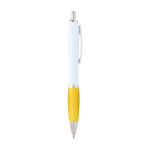 Curved recycled plastic pen with grip, black ink yellow colour