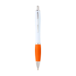 Curved recycled plastic pen with grip, black ink orange colour