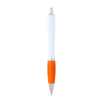Curved recycled plastic pen with grip, black ink orange colour
