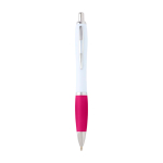 Curved recycled plastic pen with grip, black ink pink colour
