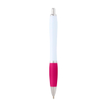 Curved recycled plastic pen with grip, black ink pink colour