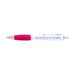 Curved recycled plastic pen with grip, black ink pink colour