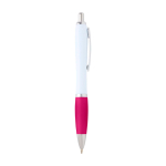 Curved recycled plastic pen with grip, black ink pink colour