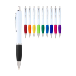 Curved recycled plastic pen with grip, black ink royal blue colour