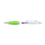Curved recycled plastic pen with grip, black ink lime colour