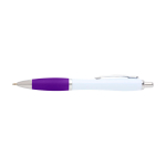 Curved recycled plastic pen with grip, black ink purple colour