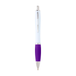 Curved recycled plastic pen with grip, black ink purple colour