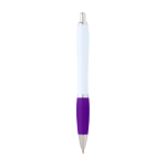 Curved recycled plastic pen with grip, black ink purple colour