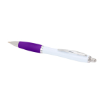 Curved recycled plastic pen with grip, black ink purple colour