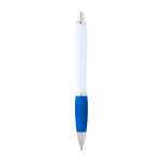 Curved recycled plastic pen with grip, black ink pastel blue colour