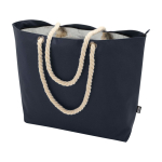 Recycled polyester beach bag with cord handles, 23L navy-blue colour