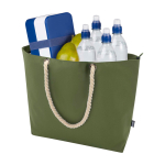 Recycled polyester beach bag with cord handles, 23L olive green colour