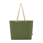 Recycled polyester beach bag with cord handles, 23L olive green colour