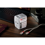 Universal travel adapter with 2 ports and included cable white colour
