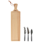 Cheese set with wooden chopping board and knives brown colour