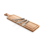 Cheese set with wooden chopping board and knives brown colour