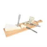Cheese set with wooden chopping board and knives brown colour