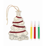 Christmas hanging ornament, wooden tree shape, colouring design wood colour
