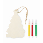 Christmas hanging ornament, wooden tree shape, colouring design wood colour third view
