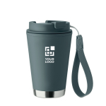 Double-wall travel mug, RPET strap, 300 ml matt black colour view with print area
