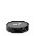 Set of 4 coasters, matching holder, synthetic leather black colour view with print area
