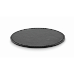 Branded, round synthetic leather coaster black colour