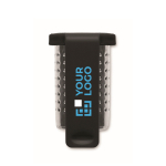 Stainless steel tea infuser, plastic hook black colour view with print area