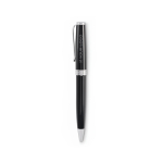 Twist-action recycled stainless steel pen, case, blue ink black colour view with print area