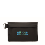 Polyester and PU organiser toiletry bag, side carabiner black colour view with print area