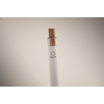 Recycled aluminium pen, cork click, blue ink white colour third photographic view