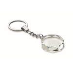 Branded round glass keyring, geometric finish transparent colour