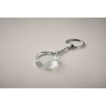 Branded round glass keyring, geometric finish transparent colour third photographic view