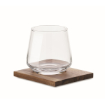 Short glass tumbler, whisky, acacia wood coaster transparent colour